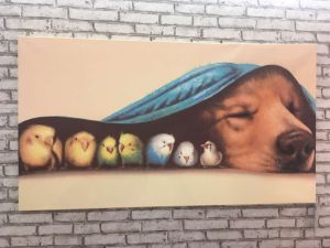 Wandbild mit Vögeln und Hund unter einer Decke