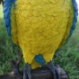 Bronzeskulptur "Farbenfroher blauer Papagei" auf Baumstamm
