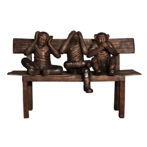 Bronzeskulptur Drei Affen auf einer Bank im Wald