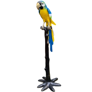 Bronzeskulptur "Papagei auf Ast, gelb-blau"