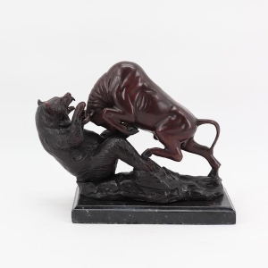 Bulle und Bär aus Bronze auf Marmorplatte