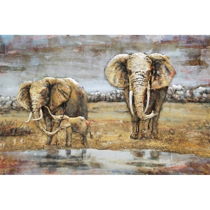 Metall - Wandbild Drei Elefanten an einer Oase.