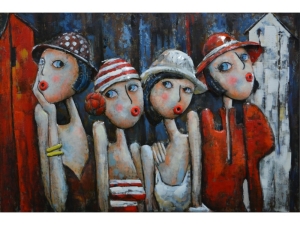 Vier Freundinnen, 4 Damen mit Hüten und roten Lippen.