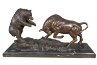 Bronzeskulptur "Bulle und Bär auf Marmorsockel" - groß