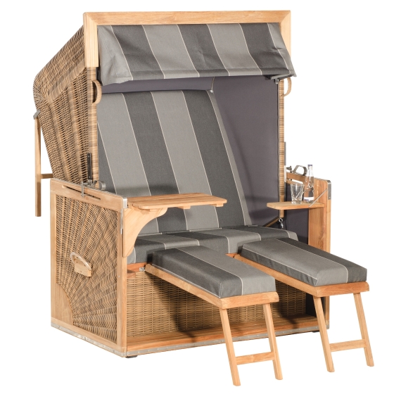 Sonnenpartner Gartenstrandkorb "Admiral Teak" 2-Sitzer XL, Stoff-Nr.36, 3/4-Liegemodell