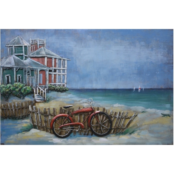 Metall - Wandbild "Rotes Fahrrad am Strand", klein