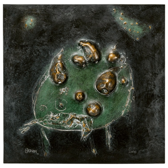 Frontansicht des Bronzereliefs "Stillleben mit Birnen"