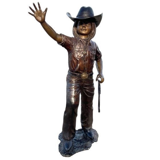 Frontansicht der Bronzeskulptur "Junges Cowgirl mit Lasso"