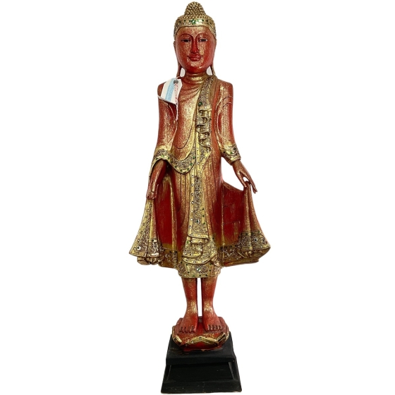 Frontansicht der Holzfigur "Stehender Buddha in rot"