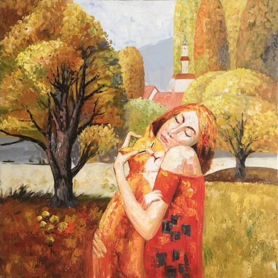 Wandbild "Frau mit Katze" handgemaltes Ölgemälde  – 100x100cm
