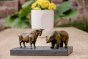 Bronzeskulptur "Bulle und Bär - Börse" klein auf Natursteinsockel auf einem Tisch von vorne