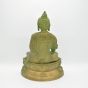 Sitzender Buddha aus Messing mit grüner Patina von hinten auf Sockel