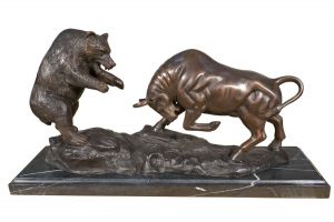 Bronzeskulptur "Bulle und Bär auf Marmorsockel" - groß