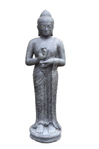 Stehender Steinbuddha Indischer Herkunft mit der Handhaltung Rad der Lehre 